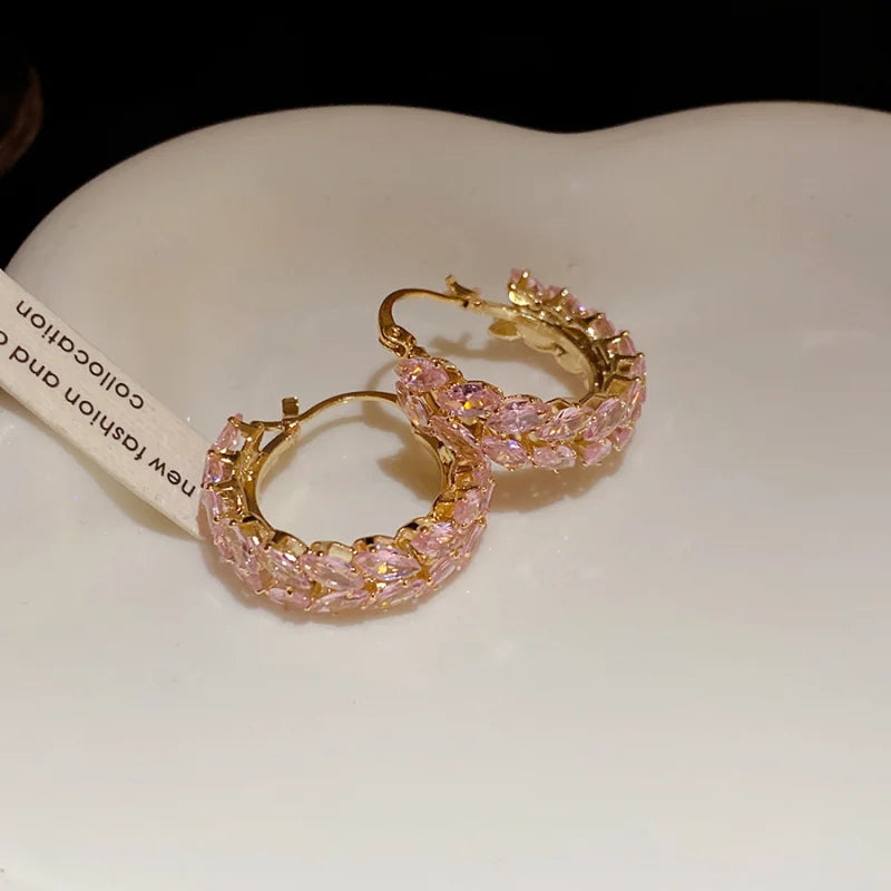 Multicolor Shiny Zircon Huggie Hoop Earrings for Women Girls Wheat Leaf Hoop Earrings Versatile Fashion Jewelry Daily Party Gift