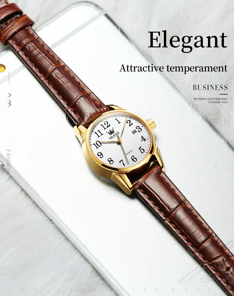 OLEVS 5566 Fashion Quartz Watch for Men and Women Leather Strap Waterproof Original Watch Arabic Numeral Scale Giving to Elders