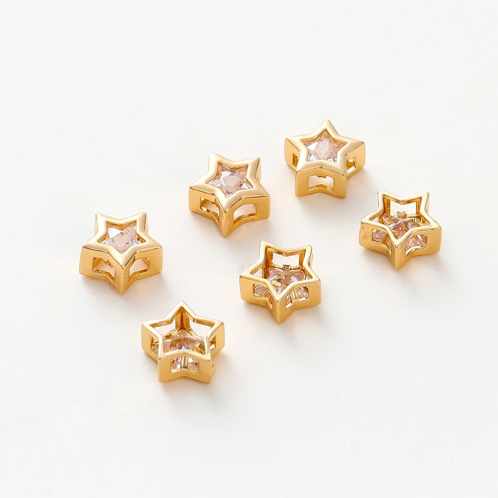 2/4/6pcs 18K Gold Plated Rhinestone Heart Pentagram Beads Brass Metal Cubic Zirconia Spacer Beads DIY Jewelry Making Accessories