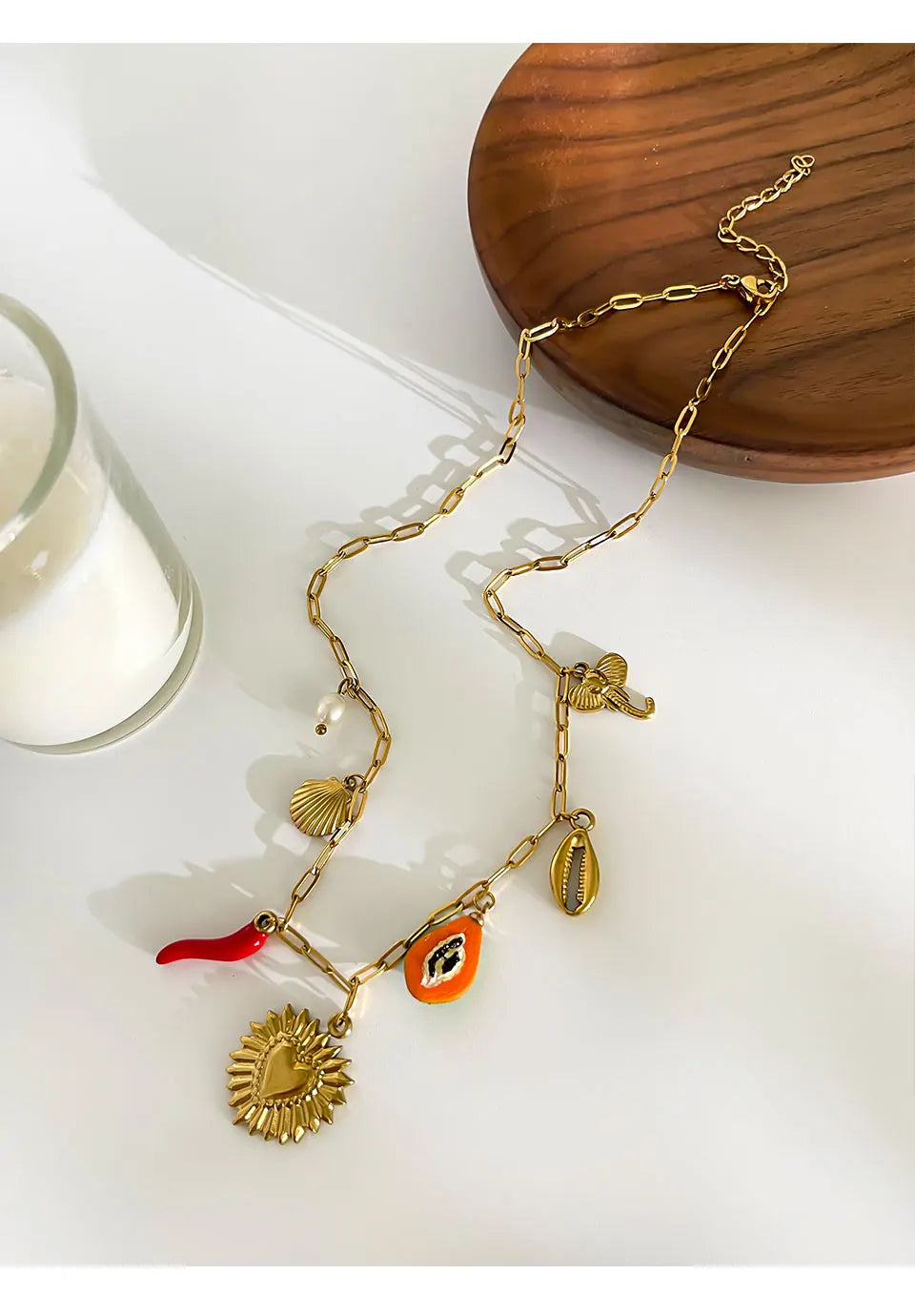 Peri'sbox Boho 18K Gold Plated Freshwater Pearl Red Enamel Pepper Shell Heart Pendant Necklace Women Beach Party Gift Waterproof
