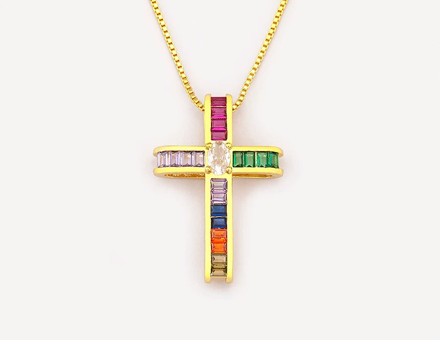 AIBEF Fashion Cross Shape Pendant Colorful Rhinestone Women Necklace Copper Zircon Stereoscopic Jewelry Christianity Unisex Gift
