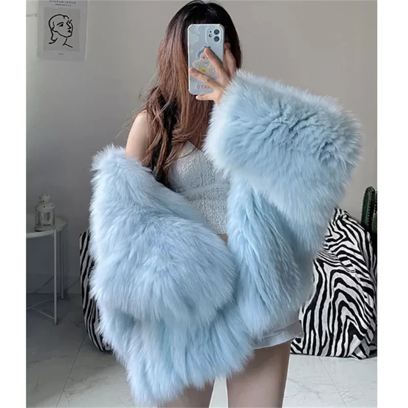 ZXRYXGS Elegant Temperament Hooded Coat Women's Clothing Imitation Fox Fur Coat 2025 New Autumn Winter Jackets Black White