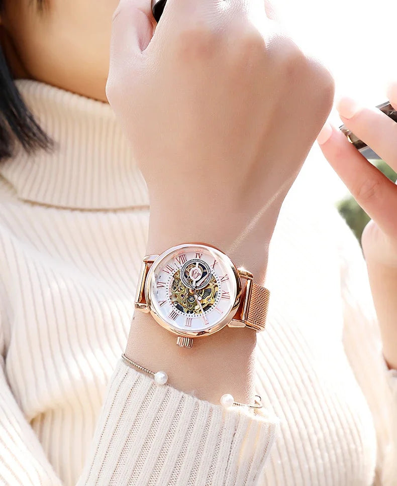ORKINA Luxury Brand Skeleton Design Waterproof Automatic Mechanical Stainless Steel Mesh Strap Rose Gold Wrist Watch for Women