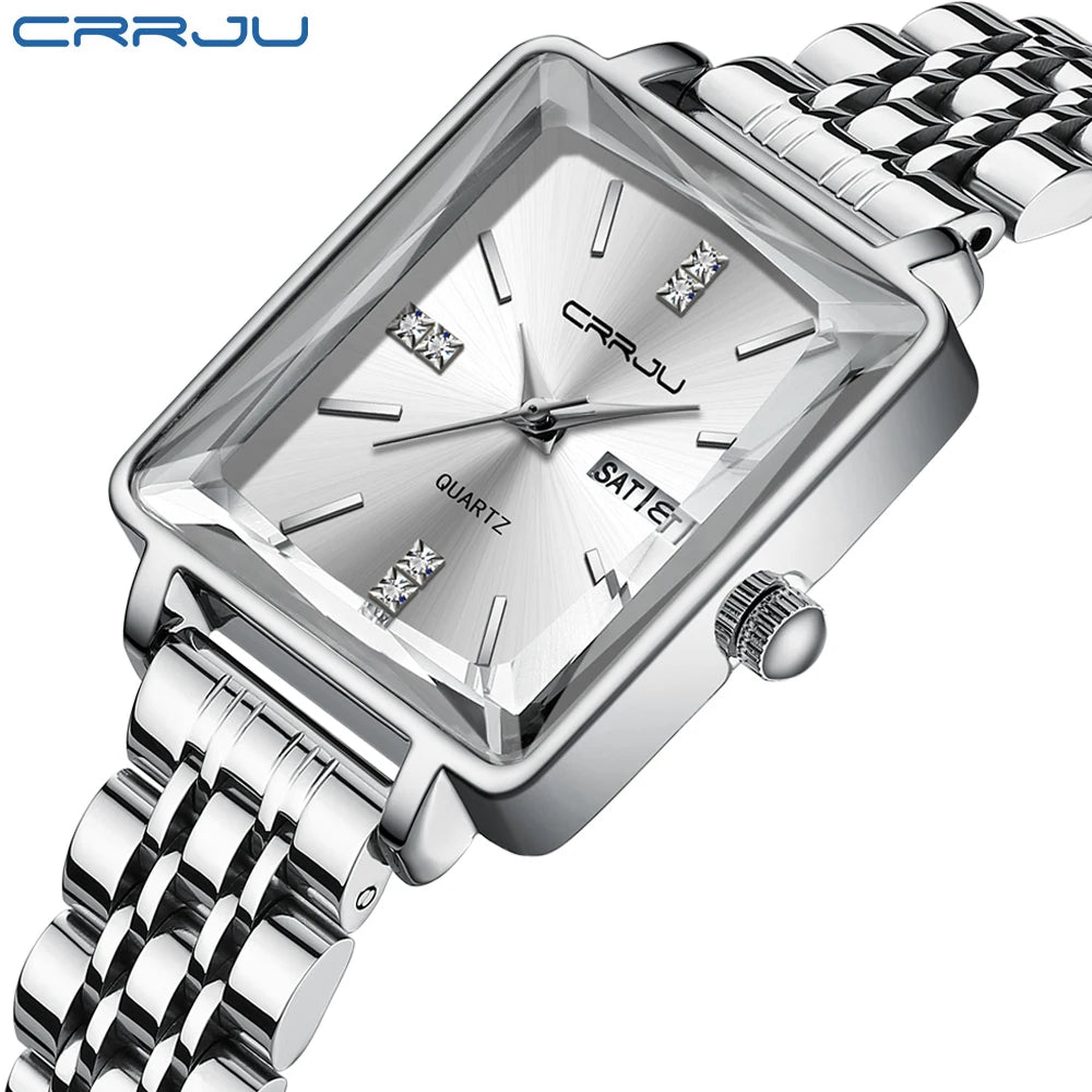 CRRJU Waterproof Women's Square Quartz Dress Watch Ladies Steel Bracelet Wristwatch with Date Relogio Feminin