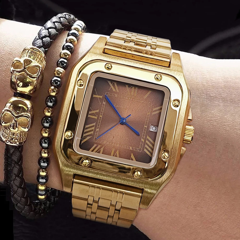 New Genuine High-Quality Square Men's Mechanical Watch, Automatic Winding, Skeleton Design, Stainless Steel Strap, with Calendar Display, European and American Style Tank Series, Fashionable Business Casual Stylish Handsome S