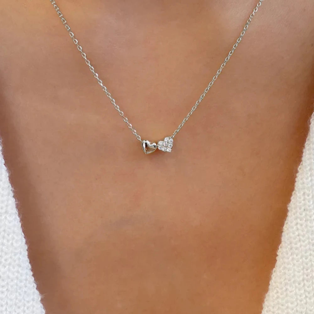 CANNER Double Heart Clavicle Chain for Women Necklaces Fashion S925 Sterling Silver Round White Zircon Pendant Necklace Jewelry