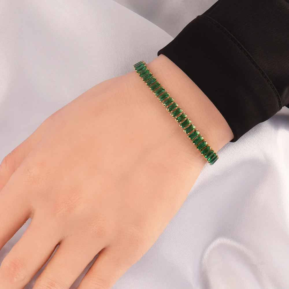 Stainless Steel Necklace Shiny Crystal White Green Cubic Zircon Choker Necklaces For Women Tennis Chain Necklace Jewelry Gift