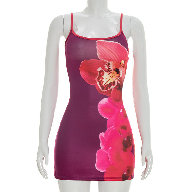 D26DS067 Women's casual floral printed halter A-hem sleeveless slim short dress