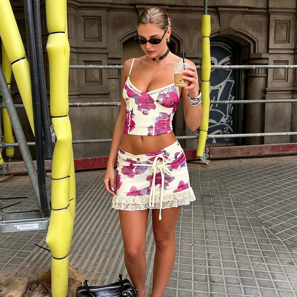 2026 Spice Girl Halter, Lace, Beach Print Two-piece Set