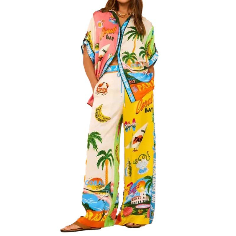 A two-piece casual women's set with printed and color-blocked designs, tight waist pockets and wide legs