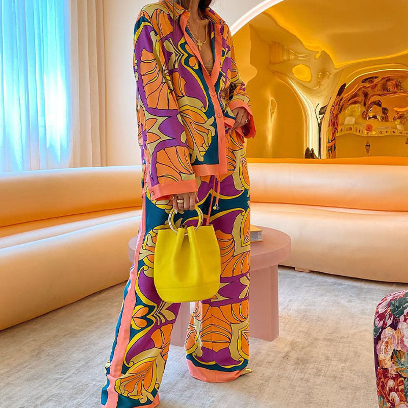 Elegant and trendy autumn printed long-sleeved shirts and long pants, casual custom-made