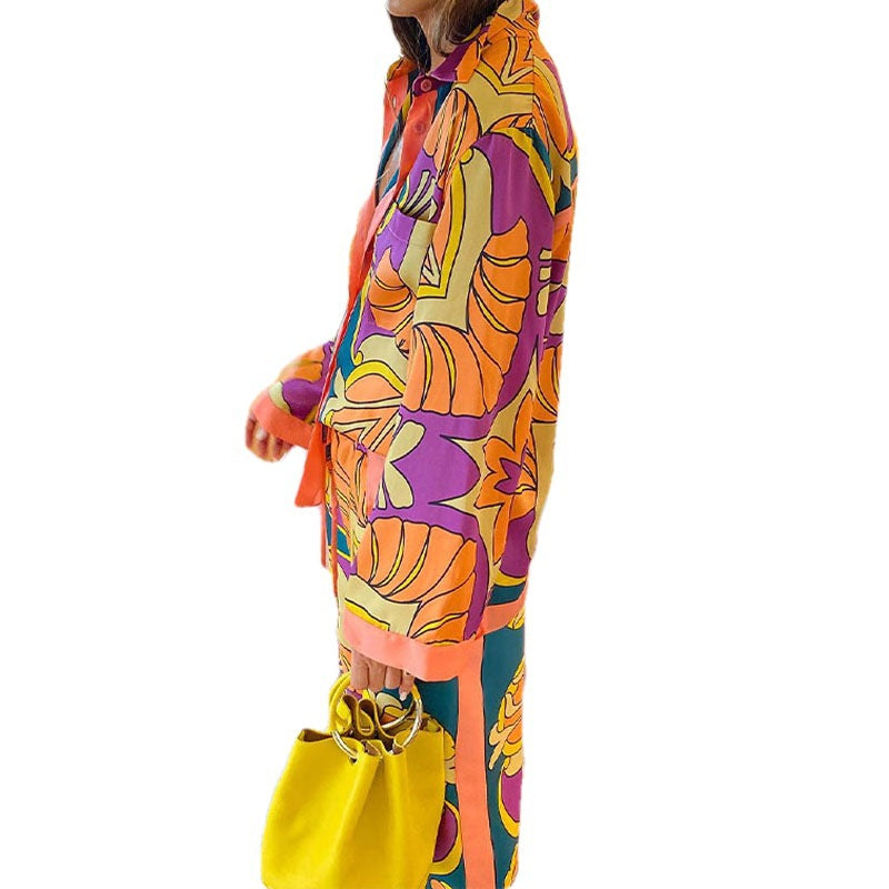 Elegant and trendy autumn printed long-sleeved shirts and long pants, casual custom-made