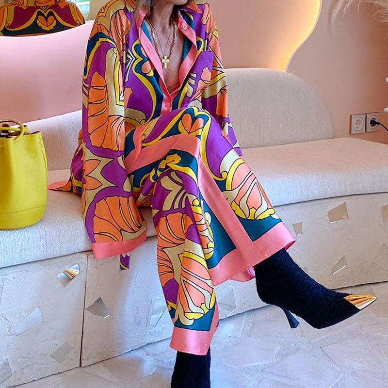 Elegant and trendy autumn printed long-sleeved shirts and long pants, casual custom-made