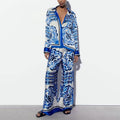 A two-piece casual women's set with printed and color-blocked designs, tight waist pockets and wide legs