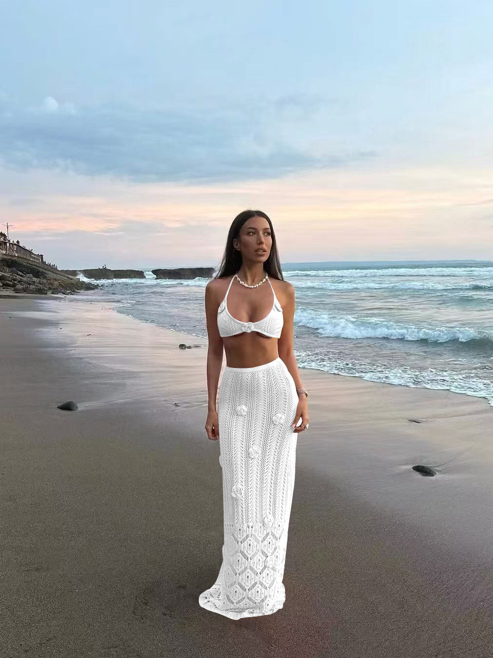 Seaside vacation bikini two-piece set, custom-made floral tie long dress, hand-hooked floral beach cover