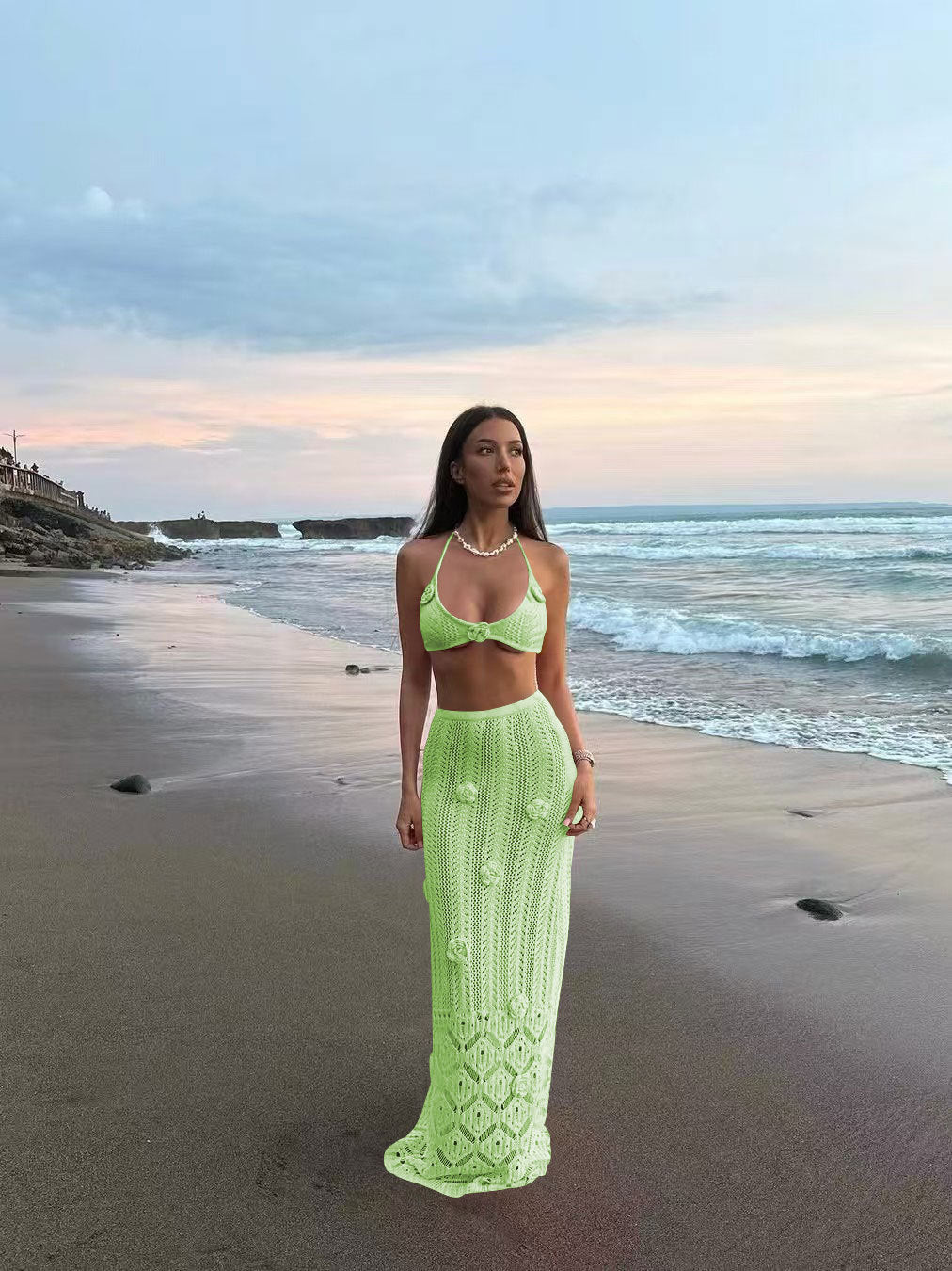 Seaside vacation bikini two-piece set, custom-made floral tie long dress, hand-hooked floral beach cover